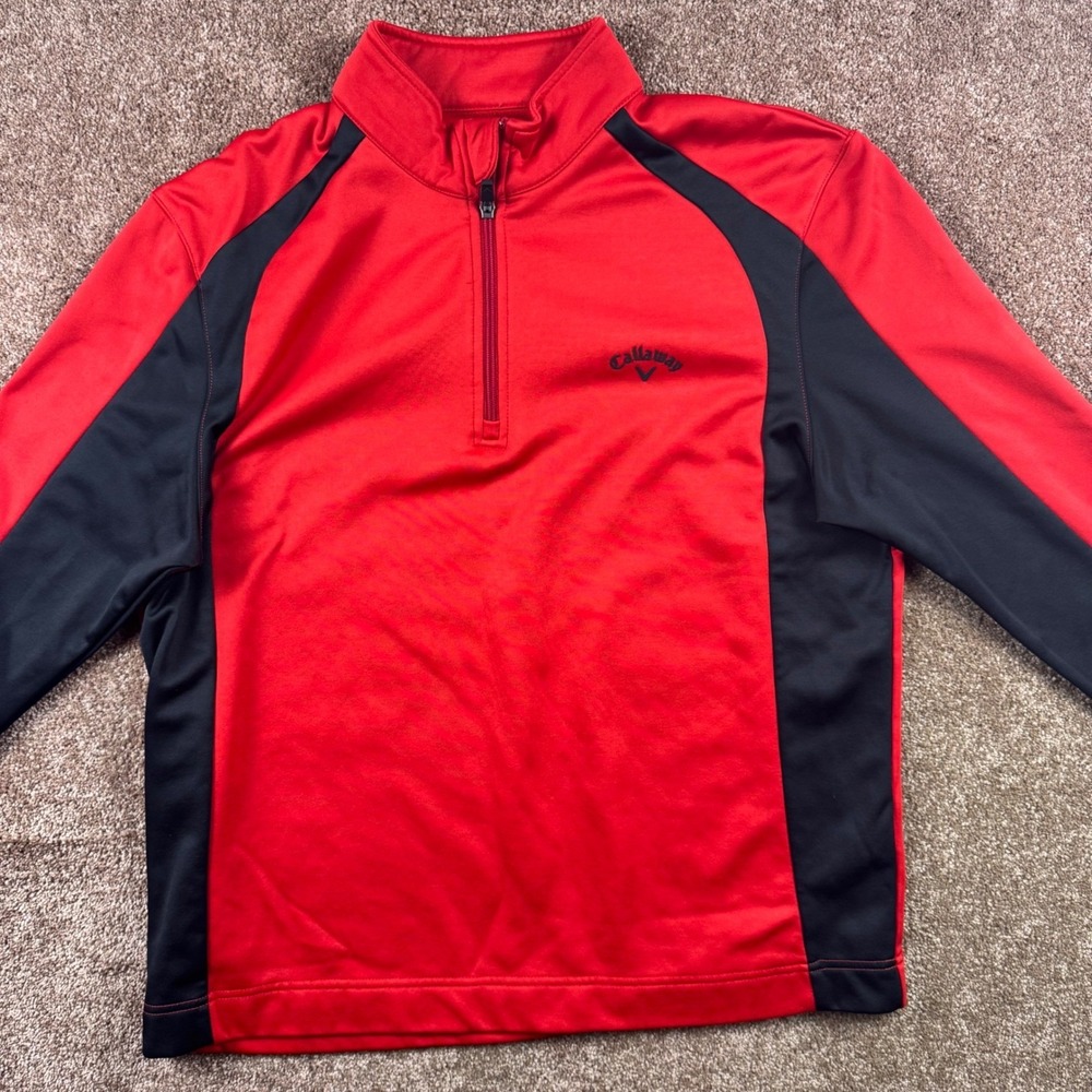 Callaway Mens Large Red Black Colorblock Quarter Zip Golf‎ Pullover Fleece Lined